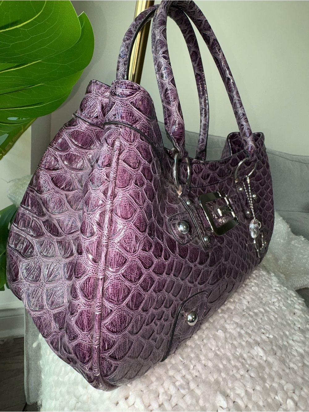 Vintage Y2K GUESS Purple Plum Croc Satchel Shoulder Bag Large G Charm Rare 2000s - Picture 9 of 14